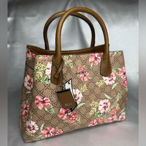 Elegant Floral Satchel in Brown and Pink